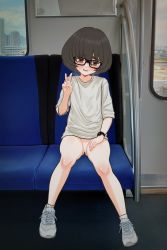 Rule 34 | 1girl, absurdres, bar censor, black-framed eyewear, black hair, blush, bottomless, brown eyes, censored, commentary request, day, female focus, full body, glasses, grey footwear, hair between eyes, hand up, highres, looking at viewer, no panties, original, parted lips, pussy, ribbed legwear, rountain, shirt, shoes, short sleeves, sitting, smile, socks, solo, train interior, tsugubumi-chan (rountain), v, watch, white shirt, wristwatch