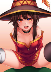Rule 34 | 10s, 1girl, bandages, bare shoulders, blush, breasts, cleavage, collar, hat, healther, kono subarashii sekai ni shukufuku wo!, long hair, looking at viewer, megumin, red eyes, short hair, small breasts, solo, thighhighs, witch hat
