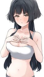 Rule 34 | 1girl, alternate costume, black hair, blush, breasts, cleavage, collarbone, hands on own chest, idolmaster, idolmaster shiny colors, large breasts, long hair, looking at viewer, mayuzumi fuyuko, navel, pdal (pdalhhh), simple background, solo, sports bra, stomach, very long hair, white background, white sports bra
