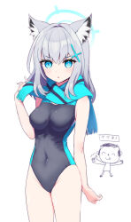 Rule 34 | 1boy, 1girl, animal ear fluff, animal ears, aqua scarf, black one-piece swimsuit, blue archive, blue eyes, breasts, competition swimsuit, covered navel, cross hair ornament, doodle sensei (blue archive), extra ears, grey hair, hair ornament, halo, medium breasts, medium hair, mismatched pupils, multicolored clothes, multicolored swimsuit, official alternate costume, one-piece swimsuit, scarf, sensei (blue archive), shiroko (blue archive), shiroko (swimsuit) (blue archive), simple background, swimsuit, torinosu afro, white background, wolf ears