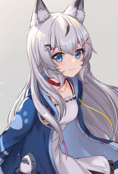 Rule 34 | 1girl, absurdres, blue eyes, breasts, chemise, collar, dog hair ornament, frills, grey hair, hair ornament, hasuki aoi, highres, hood, hood down, hoodie, indie virtual youtuber, long hair, long sleeves, looking at viewer, open clothes, open hoodie, small breasts, smile, stuffed animal, stuffed shark, stuffed toy, touri tarou (misconception), virtual youtuber, white chemise