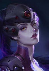 Rule 34 | 1girl, bodysuit, close-up, colored skin, eyelashes, head-mounted display, highres, lipstick, long hair, looking at viewer, makeup, nose, open mouth, overwatch, overwatch 1, parted lips, portrait, purple bodysuit, purple lips, purple skin, solo, teeth, widowmaker (overwatch), y xun, yellow eyes