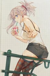 Rule 34 | 1girl, absurdres, ass, back, blue eyes, breasts, commentary, cup, drink, drinking, drinking straw, earrings, eyebrows hidden by hair, fate/grand order, fate (series), highres, holding, holding drink, jewelry, large breasts, long hair, looking at viewer, looking back, miyamoto musashi (fate), okonon (kado colda), pink hair, ponytail, sitting, sleeveless, solo, thighhighs, v