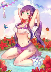 Rule 34 | 10s, 1girl, absurdres, arms behind head, arms up, bikini, blush, breasts, bug, butterfly, cleavage, flower, green eyes, hibiscus, highres, bug, long hair, love live!, love live! school idol festival, love live! school idol project, navel, purple hair, sitting, smile, solo, swimsuit, tojo nozomi, towel, twintails, wariza, water, wind chime, xinghuo