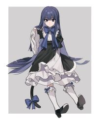 Rule 34 | 1girl, absurdres, black dress, black footwear, blue bow, blunt bangs, bow, cat tail, dress, dress bow, empty eyes, frederica bernkastel, frilled dress, frilled sleeves, frills, highres, kiliko-san, layered dress, long hair, puffy sleeves, purple eyes, purple hair, sidelocks, solo, tail, tail bow, tail ornament, umineko no naku koro ni, wide sleeves, witch
