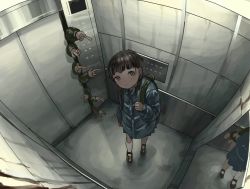 Rule 34 | backpack, bag, black hair, blue coat, braid, coat, elevator, from above, looking at viewer, low twin braids, mirror, original, pointing, reflection, socks, solo, standing, tensen (dotted line), twin braids, white socks