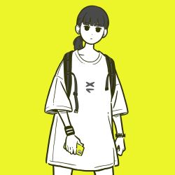 Rule 34 | 1girl, backpack, bag, black eyes, black hair, blunt bangs, cellphone, earrings, flat color, highres, holding, holding phone, jewelry, looking at viewer, miyoshi yoshimi, original, phone, ponytail, shirt, short sleeves, simple background, smartphone, solo, white shirt, yellow background