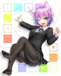 Rule 34 | 1girl, animal ears, bad id, bad pixiv id, cat ears, feet, green eyes, highres, hinase kanoto, logico, necktie, no shoes, one eye closed, original, pantyhose, pointing, skirt, solo, toes, uniform, wink
