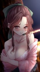 Rule 34 | 1girl, bare shoulders, blush, breasts, brown eyes, brown hair, closed mouth, commentary request, covering privates, covering breasts, floral print, hair intakes, half updo, highres, japanese clothes, jintsuu (kancolle), kantai collection, kimono, kimono pull, long hair, looking at viewer, medium breasts, night, nuka (nvkka), off shoulder, pink kimono, ponytail, sidelocks, smile, upper body, yukata