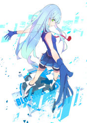 Rule 34 | 10s, 1girl, aoki hagane no arpeggio, bike shorts, blue gloves, blue hair, blue skirt, expressionless, firecel, foreshortening, from above, from behind, full body, gloves, green eyes, highres, iona (aoki hagane no arpeggio), long hair, looking at viewer, looking back, necktie, outstretched arms, parted lips, perspective, pleated skirt, shirt, simple background, skirt, sleeveless, sleeveless shirt, solo, standing