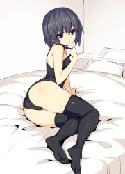 Rule 34 | 1girl, arm support, ass, bare arms, bare shoulders, black one-piece swimsuit, black thighhighs, closed mouth, grey hair, hand up, looking at viewer, namonashi, on bed, one-piece swimsuit, original, pillow, purple eyes, sitting, solo, swimsuit, thighhighs, yokozuwari