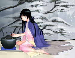 Rule 34 | barefoot, feet, hime cut, japanese clothes, kettle, kimono, original, sakamoto mineji, sitting, solo, yokozuwari