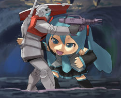 Rule 34 | 1girl, :d, action, attack, bad id, bad pixiv id, battle, blue eyes, blue hair, cave, chibi, crossover, detached sleeves, giant, gm (mobile suit), gun, gundam, hatsune miku, mecha, mikudayoo, mobile suit gundam, necktie, open mouth, parody, pleated skirt, punching, robot, shield, skirt, smile, standing, takeda kanryuusai, thighhighs, twintails, vocaloid, weapon, what