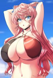 Rule 34 | 10s, 1girl, :o, armpits, arms behind head, bad id, bad pixiv id, bare arms, bikini, bikini top only, blue eyes, blush, breasts, cleavage, commentary request, criss-cross halter, female focus, galerie, hair between eyes, halterneck, huge breasts, long hair, looking at viewer, maria cadenzavna eve, navel, neck, o-ring, o-ring bikini, open mouth, outdoors, pink hair, senki zesshou symphogear, sky, solo, swimsuit, very long hair