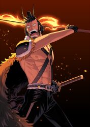Rule 34 | 1boy, abs, alternate costume, armor, black eyes, black gloves, black hair, commentary request, facial hair, fake horns, fire, gloves, goatee, hasami (hasami25), highres, holding, holding sword, holding weapon, horns, katana, kinemon, male focus, one piece, open mouth, pauldrons, short hair, shoulder armor, sideburns, solo, sword, teeth, topknot, weapon