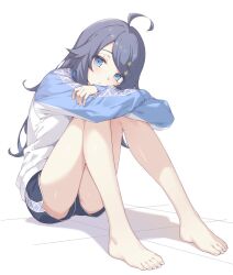 Rule 34 | 1girl, ahoge, bare legs, blue eyes, blue jacket, blush, closed mouth, commission, dolphin shorts, eyelashes, feet, full body, grey hair, hair ornament, hairclip, highres, inohara koboshi, jacket, knees together feet apart, knees up, legs, long hair, multicolored clothes, multicolored jacket, nokita (pinmisil), ongeki, parted bangs, shadow, short shorts, shorts, simple background, skeb commission, solo, swept bangs, tile floor, tiles, toenails, toes, two-tone jacket, white background, white jacket