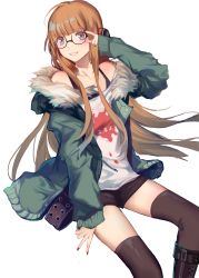 Rule 34 | 10s, 1girl, absurdres, adjusting eyewear, ahoge, bad id, bad pixiv id, bare shoulders, black-framed eyewear, black nails, black shorts, black thighhighs, blunt bangs, boots, cross-laced footwear, feet out of frame, fur collar, glasses, green jacket, headphones, highres, jacket, lace-up boots, lanlanlu (809930257), long hair, long sleeves, looking at viewer, nail polish, off shoulder, persona, persona 5, purple eyes, sakura futaba, shirt, shorts, simple background, smile, solo, straight hair, tank top, teeth, thighhighs, v, white background, white shirt