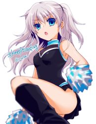 Rule 34 | 10s, 1girl, blue eyes, blurry, carolina panthers, charlotte (anime), cheerleader, chestnut mouth, depth of field, english text, leotard, long hair, national football league, pom pom (cheerleading), satomi yoshitaka, silver hair, skirt, solo, tomori nao, twintails, twitter username, two side up