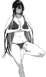Rule 34 | 1girl, bare shoulders, bra, breasts, closed mouth, collarbone, gluteal fold, greyscale, groin, groin tendon, hair between eyes, hair ribbon, haitekudasai takamine-san, highres, hiiragi yuuichi, large breasts, long hair, looking at viewer, monochrome, navel, one eye closed, palms together, panties, ribbon, simple background, solo, standing, standing on one leg, takamine takane, thighs, underwear, underwear only, very long hair, yoga