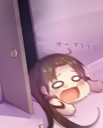 Rule 34 | 10s, 1girl, ayanami (kancolle), blush, brown hair, check commentary, chibi, door, dragging, kantai collection, long hair, minarai shachou, motion blur, o o, open mouth, side ponytail, solo, tears