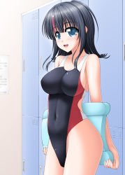 Rule 34 | 1girl, black hair, black one-piece swimsuit, blue eyes, breasts, commentary request, competition swimsuit, covered navel, fate/grand order, fate/requiem, fate (series), highleg, highleg swimsuit, highres, kickboard, kiryuu makoto, locker, looking at viewer, medium breasts, medium hair, multicolored clothes, multicolored hair, multicolored swimsuit, one-piece swimsuit, red hair, smile, solo, standing, streaked hair, swimsuit, thighs, utsumi erice