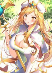 Rule 34 | 1girl, absurdres, belrain (idle heroes), blonde hair, blush, breasts, cleavage, commentary request, hand up, highres, holding, holding staff, idle heroes, large breasts, long hair, nenobi (nenorium), open mouth, revision, solo, staff, upper body, very long hair, white headwear, yellow eyes