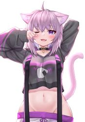 Rule 34 | 1girl, ;d, absurdres, ahoge, animal ear fluff, animal ears, arms up, bad id, bad twitter id, black sweater, blush, breasts, cat ears, cat girl, cat tail, collar, cowboy shot, deaver, duplicate, fang, food print, groin, highres, hololive, long sleeves, looking at viewer, medium breasts, midriff, navel, nekomata okayu, nekomata okayu (1st costume), one eye closed, open mouth, pink hair, print sweater, purple eyes, short hair, simple background, skin fang, sleeves past wrists, smile, solo, stomach, sweater, tail, tears, virtual youtuber, white background, wiping tears