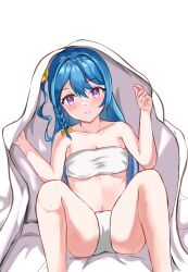 Rule 34 | 1girl, absurdres, bed, bed sheet, blanket, blue hair, blush, blush stickers, bow, bra, closed mouth, commission, highres, long hair, looking at viewer, panties, purple eyes, ribbon, simple background, sitting, smile, thighs, under covers, underwear, underwear only, v&amp;u entertainment, virtual youtuber, white background, white bra, white panties, zeli zuimu