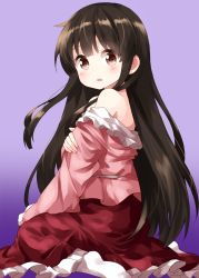 Rule 34 | 1girl, bare shoulders, black hair, blush, brown eyes, commentary request, frilled shirt collar, frilled sleeves, frills, gradient background, highres, houraisan kaguya, long hair, long sleeves, looking at viewer, no shoes, off shoulder, parted lips, petticoat, pink shirt, purple background, red skirt, ruu (tksymkw), sash, shirt, sidelocks, sitting, skirt, socks, solo, touhou, very long hair, wariza, white sash, white socks, wide sleeves