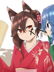 Rule 34 | 2girls, alternate hairstyle, animal ears, blue eyes, blue hair, brown hair, commentary request, flower, hagoita, hair between eyes, hair flower, hair ornament, head tilt, highres, holding, imaizumi kagerou, japanese clothes, kimono, long sleeves, looking at another, medium hair, multiple girls, obi, paddle, paint, paintbrush, pink flower, red kimono, sash, simple background, touhou, tyouseki, upper body, v-shaped eyebrows, wakasagihime, white background, wolf ears