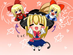 Rule 34 | 3girls, = =, alice margatroid, alice margatroid (cosplay), animal ears, arms up, blonde hair, blue eyes, blush, bow, cat ears, cat tail, chibi, cosplay, closed eyes, hair bow, hat, heart, helmet, hourai doll, kirisame marisa, long hair, meme, multiple girls, open mouth, orange background, patchouli knowledge, ribbon, ritateo, shanghai doll, smile, star (symbol), tail, touhou, winged helmet
