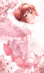 Rule 34 | 1girl, absurdres, blurry, blush, brown hair, cardcaptor sakura, cherry blossoms, child, commentary request, cowboy shot, depth of field, expressionless, feathered wings, flower, green eyes, highres, holding, holding wand, kinomoto sakura, looking at viewer, photoshop (medium), pink theme, pomeo dayo, puffy short sleeves, puffy sleeves, short hair, short sleeves, solo, two side up, wand, wings
