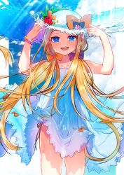 Rule 34 | 1girl, abigail williams (fate), akirannu, bare shoulders, bead bracelet, beads, black bow, blonde hair, blue eyes, blue sky, blush, bow, bracelet, breasts, collarbone, dress, fate/grand order, fate (series), forehead, hair bow, hat, highres, jewelry, light rays, long hair, looking at viewer, multiple bows, open mouth, orange bow, parted bangs, sidelocks, sky, small breasts, smile, straw hat, stuffed animal, stuffed toy, teddy bear, thighs, white dress, white hat