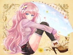 Rule 34 | 1girl, black thighhighs, blue eyes, hair ornament, high heels, long hair, looking at viewer, megurine luka, mikipa, pink hair, shoes, sitting, solo, thighhighs, vocaloid