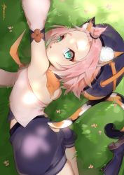 Rule 34 | 1girl, absurdres, animal ears, artist request, ass, bare shoulders, boots, cat ears, cat tail, diona (genshin impact), genshin impact, grass, green eyes, hairline, hat, highres, looking at viewer, looking back, looking up, open mouth, parted lips, pink hair, shiny clothes, shiny skin, short hair, shorts, solo, tail