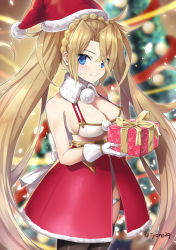 Rule 34 | 1girl, bare shoulders, blonde hair, blue eyes, blurry, blurry background, blush, box, bradamante (fate), braid, breasts, brown thighhighs, christmas, christmas ornaments, christmas tree, cleavage, closed mouth, collar, commentary request, crown braid, depth of field, detached collar, fate/grand order, fate (series), fur-trimmed headwear, fur-trimmed skirt, fur trim, gift, gift box, gloves, hair between eyes, hat, holding, holding gift, looking at viewer, medium breasts, panties, red hat, red skirt, santa costume, santa hat, skirt, smile, solo, thighhighs, twintails, twitter username, tyone, underwear, white collar, white gloves, white panties