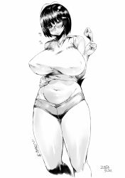 Rule 34 | 1girl, bare shoulders, belly, breasts, dated, drumsticks, eating, food, glasses, greyscale, highres, huge breasts, monochrome, navel, original, orushibu, plump, short hair, simple background, solo, thick thighs, thighs, translation request, white background