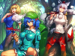 Rule 34 | 3girls, alice margatroid, animal ears, backpack, bag, bare shoulders, black legwear, blonde hair, blue dress, blue eyes, blue hair, breasts, cabbie hat, capelet, detached sleeves, dress, frills, green eyes, hair bobbles, hair ornament, hairband, hat, holding, holding sword, holding weapon, impossible clothes, inubashiri momiji, jpeg artifacts, kawashiro nitori, key, large breasts, leaf, long sleeves, looking at viewer, melon22, multiple girls, nature, open mouth, outdoors, over shoulder, pom pom (clothes), puffy sleeves, red eyes, ribbon, shield, shirt, short hair, short sleeves, short twintails, silver hair, skirt, standing, sword, tail, thighhighs, tokin hat, touhou, twintails, two side up, upper body, weapon, wolf ears, wolf tail, worktool, wrench, zettai ryouiki