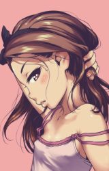 Rule 34 | 1girl, arm up, blush, brown hair, idolmaster, idolmaster (classic), lips, long hair, minase iori, parted lips, simple background, solo, strap slip, ttomm