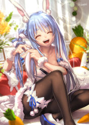 Rule 34 | 1girl, ^ ^, adjusting hair, animal ear fluff, arm cuffs, artist name, bare shoulders, black leotard, black pantyhose, blue hair, blush, braid, braiding hair, breasts, cleavage, closed eyes, collarbone, commentary, curtains, day, don-chan (usada pekora), dress, eyelashes, full body, fur-trimmed dress, fur trim, hairdressing, highres, hikosan, hololive, indoors, laughing, lens flare, leotard, light blue hair, light rays, long hair, looking at viewer, medium breasts, multicolored hair, off-shoulder dress, off shoulder, open mouth, pantyhose, playboy bunny, shoes, side braid, signature, sitting, smile, solo, sparkle, sunlight, teeth, thick eyebrows, thigh strap, two-tone hair, usada pekora, usada pekora (1st costume), virtual youtuber, white dress, white footwear, white hair, window, wrist cuffs
