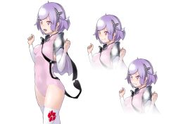 Rule 34 | 1girl, arm warmers, between breasts, breasts, caladrius, cape, cecilia nel albright, leotard, official art, pink eyes, pink leotard, purple hair, short hair, simple background, skin tight, small breasts, strap between breasts, thighhighs, thighs, yasuda suzuhito