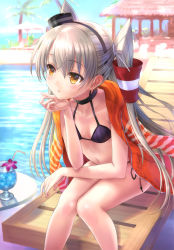 Rule 34 | 10s, 1girl, amatsukaze (kancolle), bikini, black bikini, breasts, brown eyes, head rest, choker, collarbone, glass, goto p, hair ornament, hairband, hat, jacket, jacket on shoulders, kantai collection, leaning forward, long hair, looking away, mini hat, mini top hat, navel, parted lips, poolside, side-tie bikini bottom, silver hair, sitting, small breasts, solo, swimsuit, top hat, twintails, two side up, very long hair