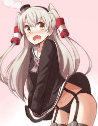 Rule 34 | &gt;:d, 10s, 1girl, :d, amatsukaze (kancolle), bad id, bad pixiv id, black hairband, black hat, black panties, blonde hair, blush, brown eyes, brown shirt, buttons, collarbone, commentary request, cowboy shot, fang, garter straps, hair tubes, hairband, hat, highres, kantai collection, kapatarou, leaning forward, long hair, long sleeves, looking at viewer, mini hat, navel, no pants, open mouth, panties, pink background, sailor collar, shirt, shirt tug, simple background, smile, smoke, solo, standing, tareme, thigh strap, thighhighs, twintails, two side up, underwear, v-shaped eyebrows, very long hair