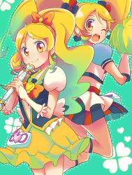 Rule 34 | 10s, 2girls, alternate form, blonde hair, blue skirt, bow, brooch, chobota, cure honey, cure honey (popcorn cheer), dual persona, hair bow, happinesscharge precure!, heart, heart brooch, long hair, looking at viewer, looking back, magical girl, multicolored clothes, multicolored skirt, multiple girls, one eye closed, oomori yuuko, open mouth, pom pom (cheerleading), precure, skirt, smile, twintails, wide ponytail, wink, yellow eyes, yellow skirt