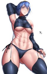 Rule 34 | 1girl, absurdres, arcedo, blue eyes, blue hair, breasts, fire emblem, fire emblem awakening, highres, large breasts, lucina (fire emblem), nintendo, short hair, solo, sweater, thick thighs, thighs, wide hips