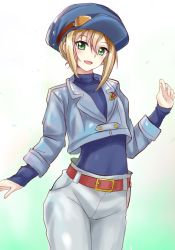 Rule 34 | 1girl, belt, blue hat, blue shirt, cardfight!! vanguard, cardfight!! vanguard: overdress, green eyes, hair between eyes, hand up, hat, lapel pin, looking at viewer, ookura megumi, open mouth, pants, r-binon, shirt, short hair, simple background, smile, solo, standing, white background, white pants
