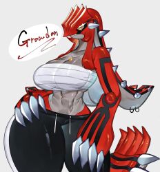Rule 34 | black sclera, breasts, claws, cleavage, colored sclera, colored skin, creatures (company), furry, furry female, game freak, gen 3 pokemon, grey skin, groudon, hand on own hip, highres, huge breasts, jewelry, legendary pokemon, long hair, looking at viewer, markings, midriff, navel, nintendo, pants, pendant, pokemon, pokemon (creature), red hair, red skin, reptile girl, sarashi, sharp teeth, spikes, tail, teeth, thick thighs, thighs, togetoge, wide hips, yellow eyes