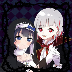 2girls absurdres black_cape blue_eyes blue_hair blush bob_cut cape center_frills closed_mouth coif collarbone collared_cape colored_inner_hair commentary_request cross cross_necklace diagonal_bangs diamond_earrings dollchestra earrings fang frills frown gloves grey_hair hand_on_another&#039;s_chin high_collar highres holding_hands interlocked_fingers inverted_bob jewelry link!_like!_love_live! long_hair looking_at_viewer love_live! magu_(cv_mgmgcup) multicolored_hair multiple_girls murano_sayaka neck_ribbon necklace nun open_mouth red_eyes red_hair red_ribbon ribbon shirt short_hair streaked_hair teeth traditional_nun upper_teeth_only vampire virtual_youtuber white_gloves white_shirt yugiri_tsuzuri yuri