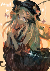 Rule 34 | 1girl, abigail williams (fate), absurdres, black bow, black dress, black hat, blonde hair, bow, character name, clothing request, commentary request, cowboy shot, dress, fate/grand order, fate (series), forehead, from side, hair bow, hat, hat bow, heart, highres, kaamin (mariarose753), long hair, looking at viewer, multiple hair bows, orange bow, own hands together, parted bangs, sleeveless, sleeveless dress, smile, solo, standing, w arms, yellow background
