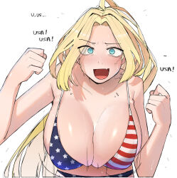Rule 34 | 1girl, america (ohasi), american flag, american flag bikini, american flag print, bare arms, bare shoulders, bikini, blonde hair, blue eyes, blush, bouncing breasts, breasts, cleavage, collarbone, commentary, english text, flag print, large breasts, long hair, ohasi, open mouth, original, parted bangs, raised fist, shiny skin, solo, sweat, swimsuit, symbol-only commentary, upper body